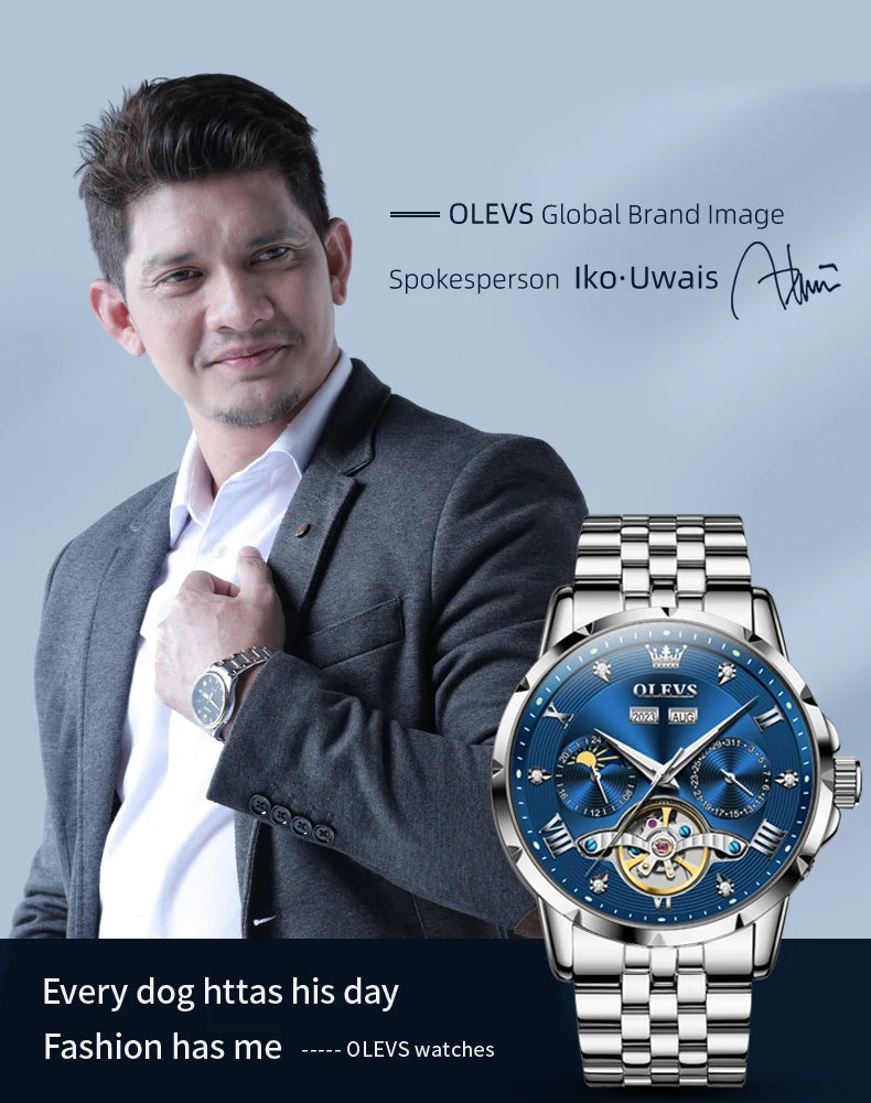 Olevs Herren uhren Luxus geschäft Original automatische Schwungrad mechanische Uhr für Mann ewigen Kalender Mondphase leuchtend