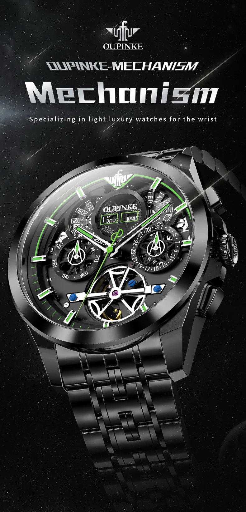 Oupinke 3235 schwarz Skelett Schwungrad automatische mechanische Uhren für Männer Multifunktions-Edelstahl Luxusmarke Armbanduhr