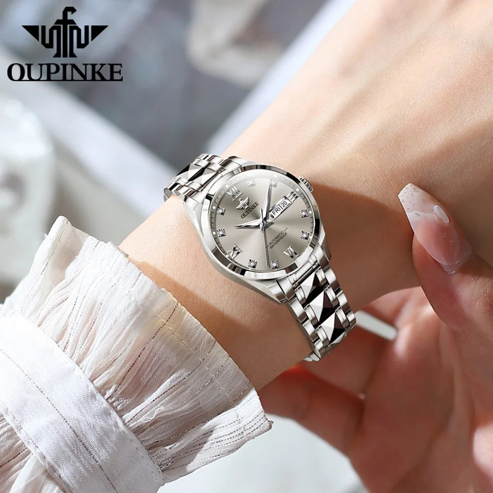 Oupinke Damen mechanische Armbanduhr Wolfram Stahl Diamant waage Original Japan Uhrwerk voll automatische Uhr für Frauen