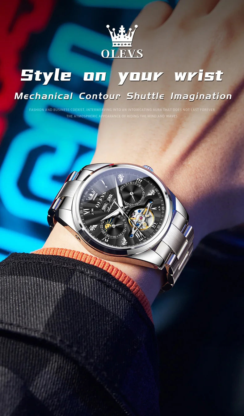 OLEVS 7028 Herrenuhren, Top-Luxusmarke, automatische mechanische Business-Armbanduhr, wasserdicht, Chronograph, Luxusuhr für Herren