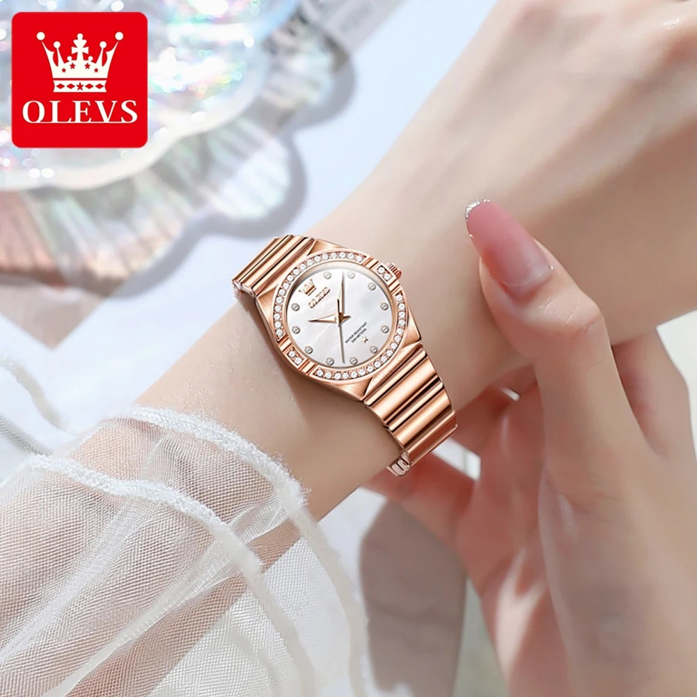 OLEVS Damenuhren, modisch, elegant, Original-Quarzuhr für Damen, glänzendes Diamantgehäuse, wasserdicht, leuchtendes Armband-Set