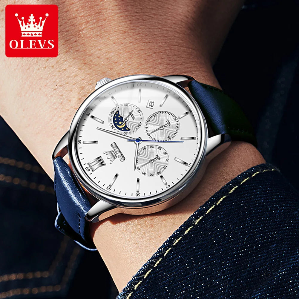 Olevs Herren uhren klassische drei kleine Ziffer blätter Multifunktions-Chronograph enuhr für Mann wasserdichtes Leder armband Mondphase Datum