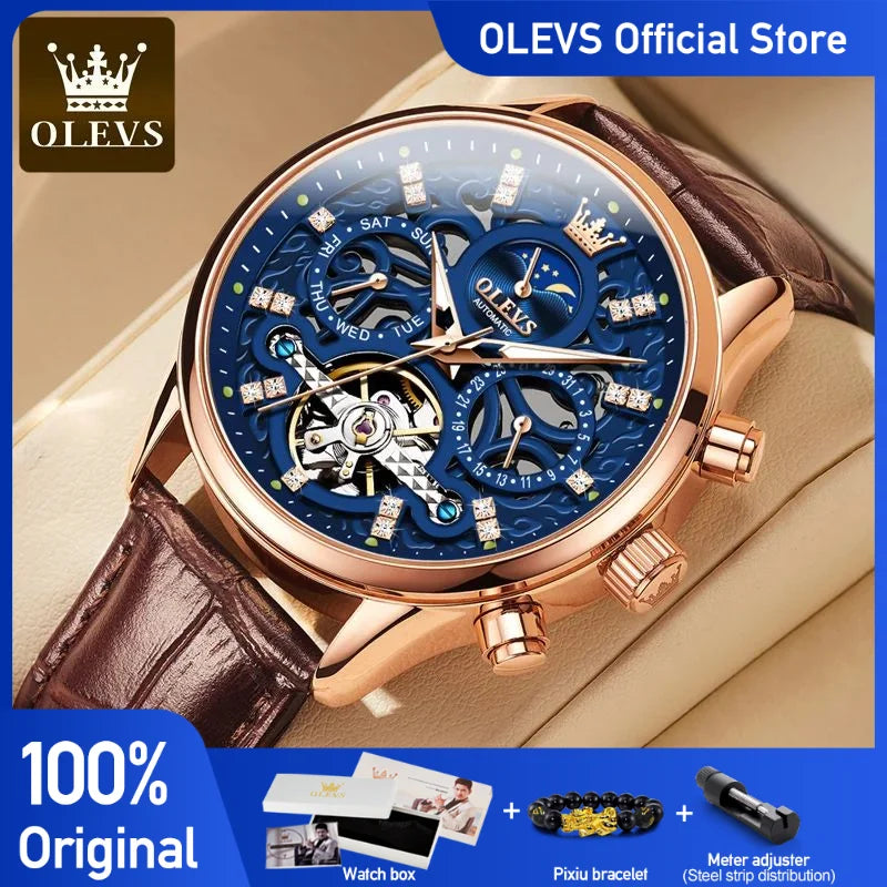 OLEVS Top Marke männer Uhren Mode Skeleton Tourbillon Automatische Mechanische Armbanduhr für Männer Wasserdicht Lederband Neue