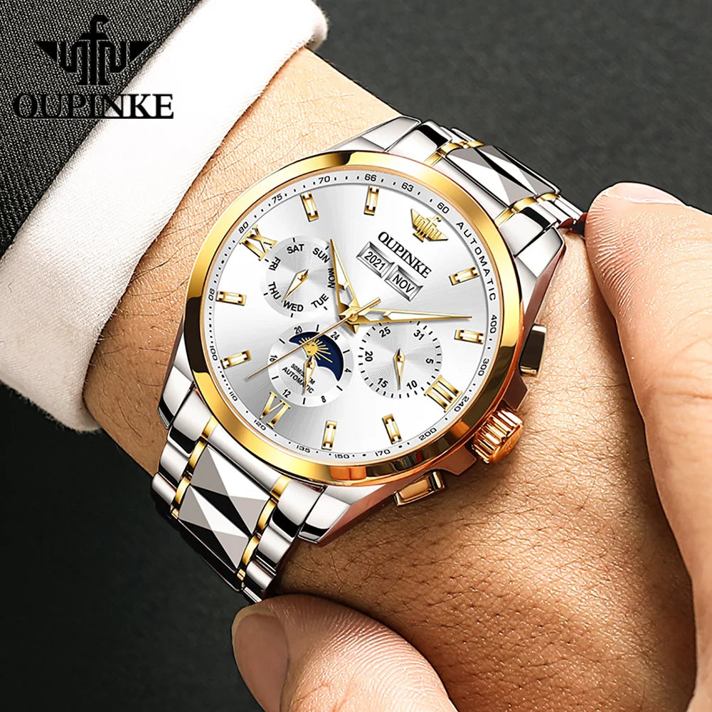 OUPINKE 3201 Men's Watch Top Luxury Brand Tungsten Steel Sapphire Mirror Waterproof Lunar Phase Men's Automatic Mechanical Watch