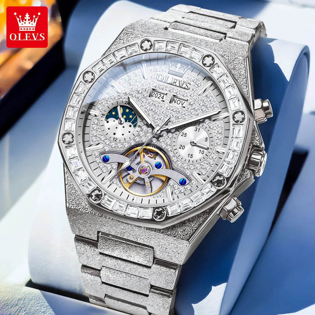 OLEVS 9805 Herrenuhr Originalmarke Tourbillon Automatische mechanische Uhr Diamant Zifferblatt Wasserdicht Mondphase Uhren für Männer