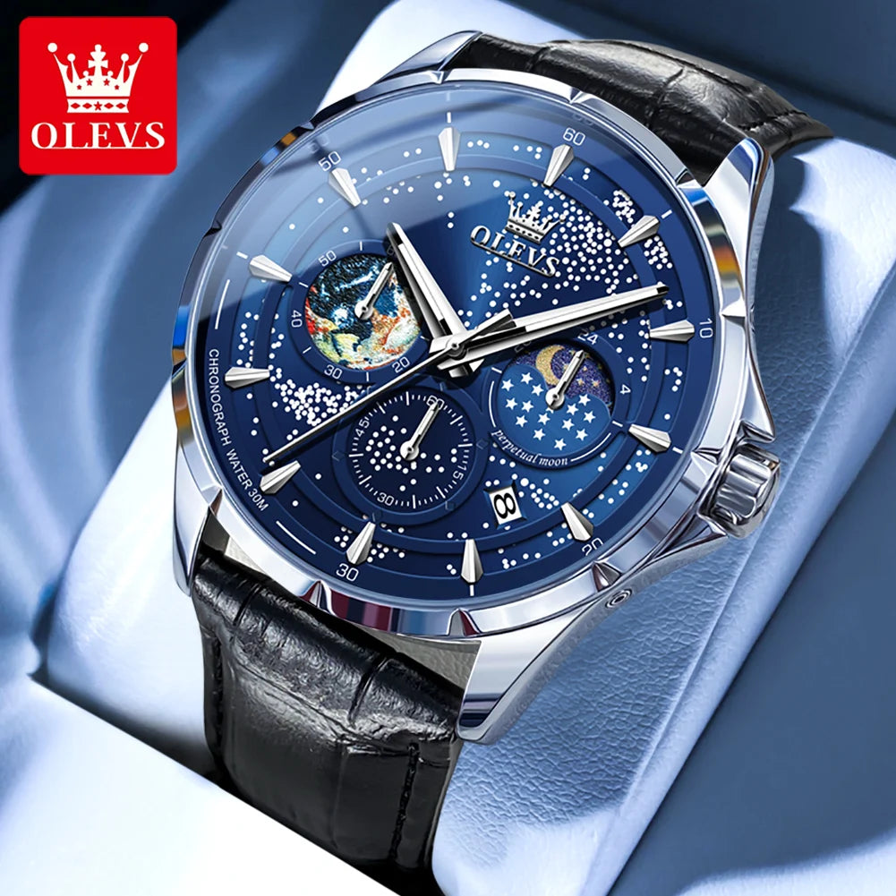 Olevs Herren uhren multifunktion ale Original Quarz Armbanduhr wasserdichte Leder Leucht uhr für Mann Chronograph Mondphase