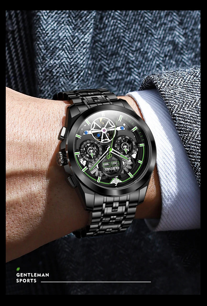 Oupinke 3235 schwarz Skelett Schwungrad automatische mechanische Uhren für Männer Multifunktions-Edelstahl Luxusmarke Armbanduhr