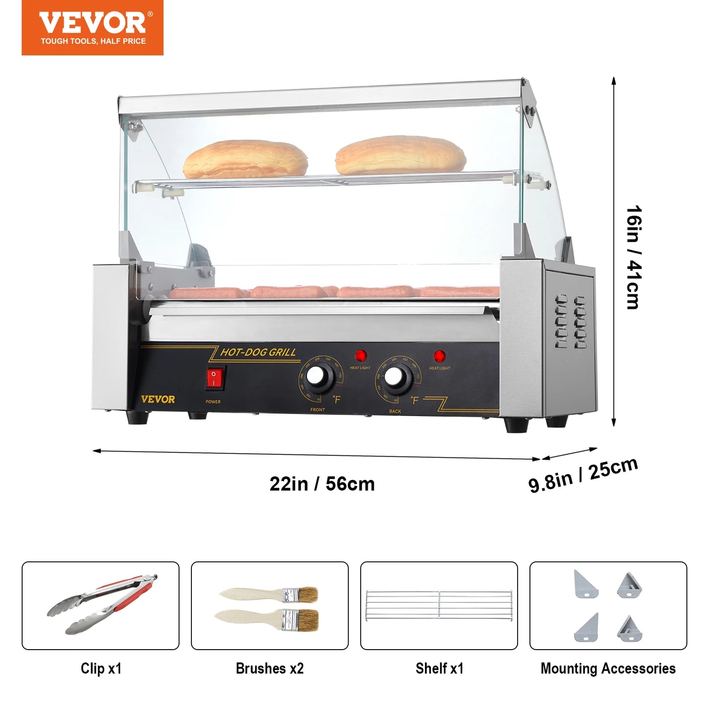 Vevor Hot Dog Roller 5 Rollen 12 Hot Dogs Kapazität 750w Edelstahl Wurst Grill Herd Maschine mit Dual Temp Control Glas haube