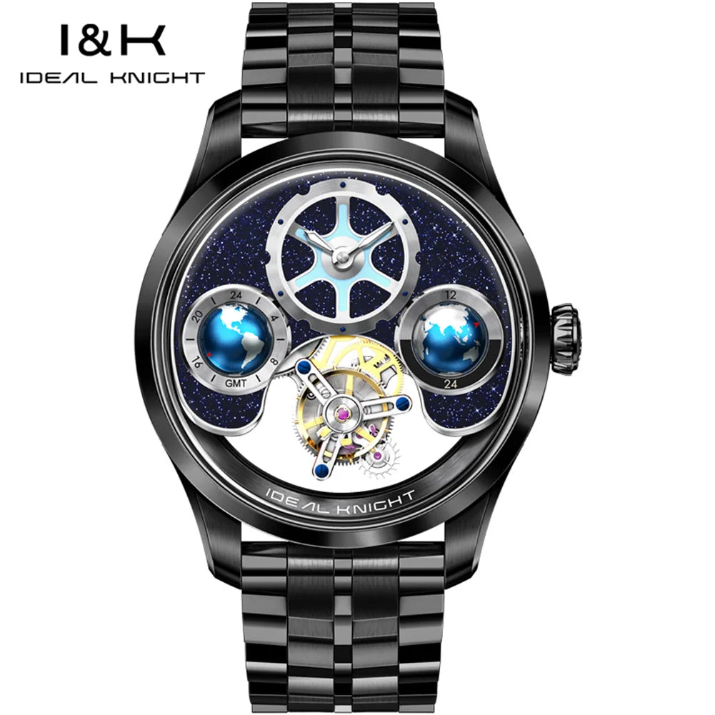 IDEAL KNIGHT 6808, Luxusmarke, Tourbillon, vollständig hohl, automatische mechanische Herrenuhr (blauer Boden), hochwertige Uhr für Herren