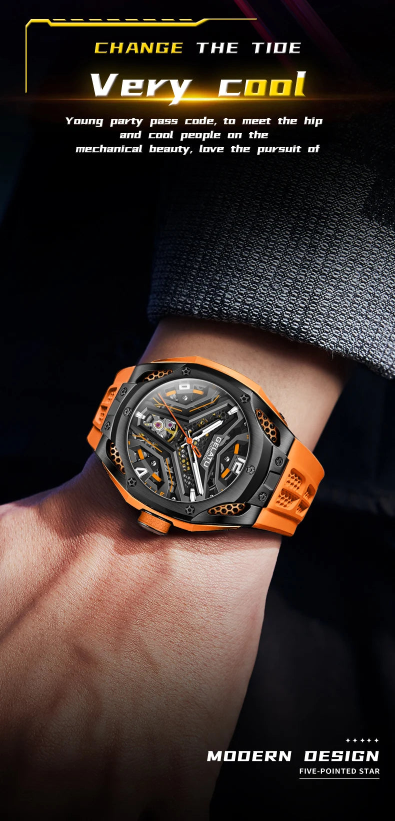 Gelatu aushöhlen Herren voll automatische mechanische Uhr Silikon armband Luxusmarke Uhr trend ige Sport Typ Herren uhr