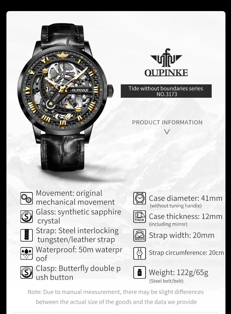 Oupinke High-End-Herren mechanische Uhren Skelett hohle automatische Mann Handuhr Luxus wasserdichte Herren Kleid Armbanduhr