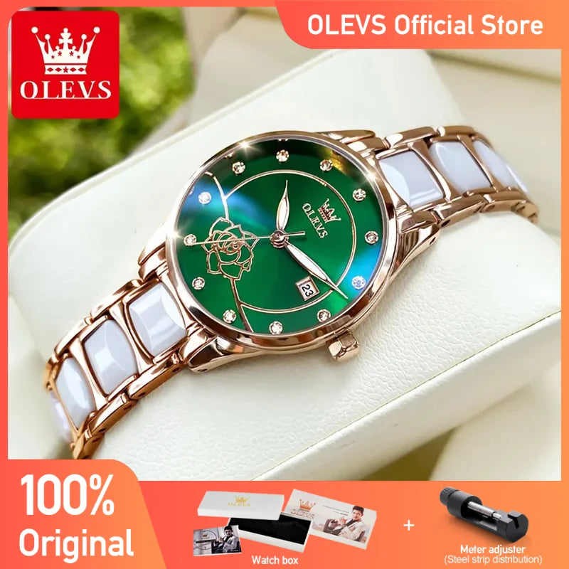 OLEVS Luxus Frauen Uhr Kamelie Quarz Japan Bewegung 30M Wasserdichte Uhr Für Frauen Keramik Frauen Armbanduhr