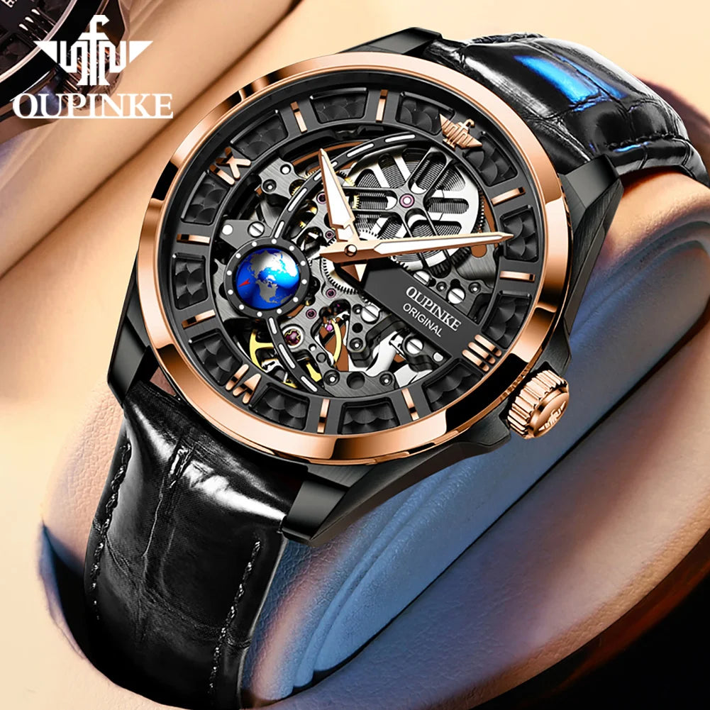 OUPINKE 3268 Luxus Original Skeleton 50 M Wasserdicht Männer Automatische Mechanische Uhr Mode 3D Rotierenden Globus Sport herren Uhr