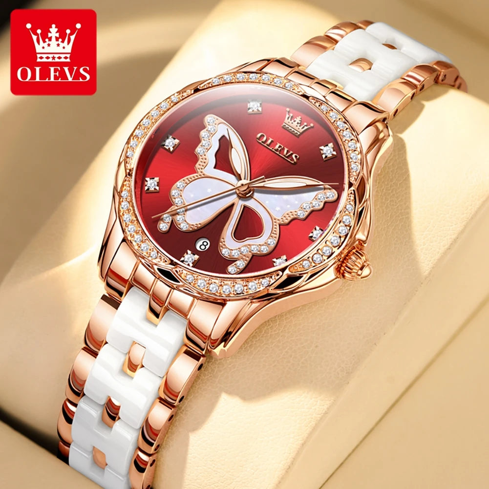 OLEVS 5610 Damenuhren, elegante Mode, Strass-Lünette, Keramikarmband, Armbanduhr, wasserdicht, leuchtend, Automatikuhr