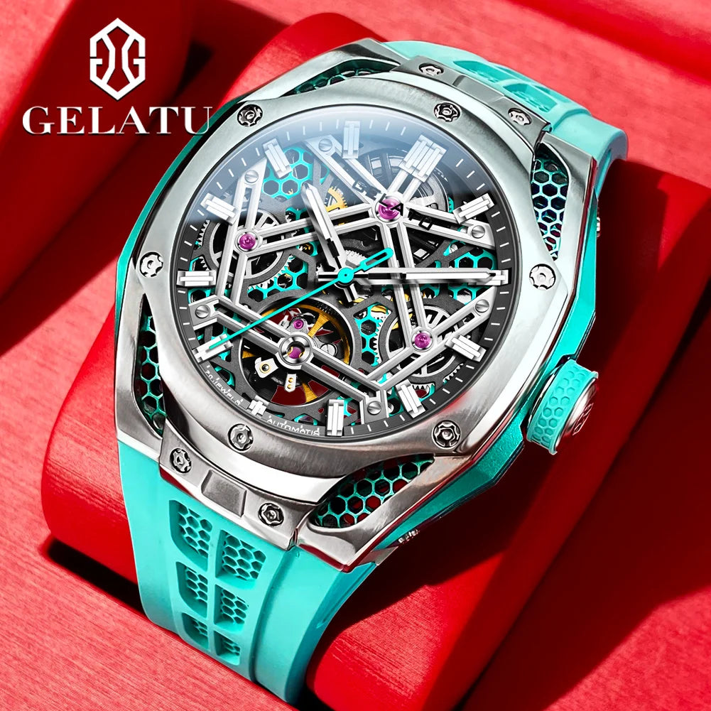 Gelatu 6008 original Luxusmarke Herren automatische mechanische Uhr Mode wasserdichte Skelett Saphir Spiegel Sport Herren uhr