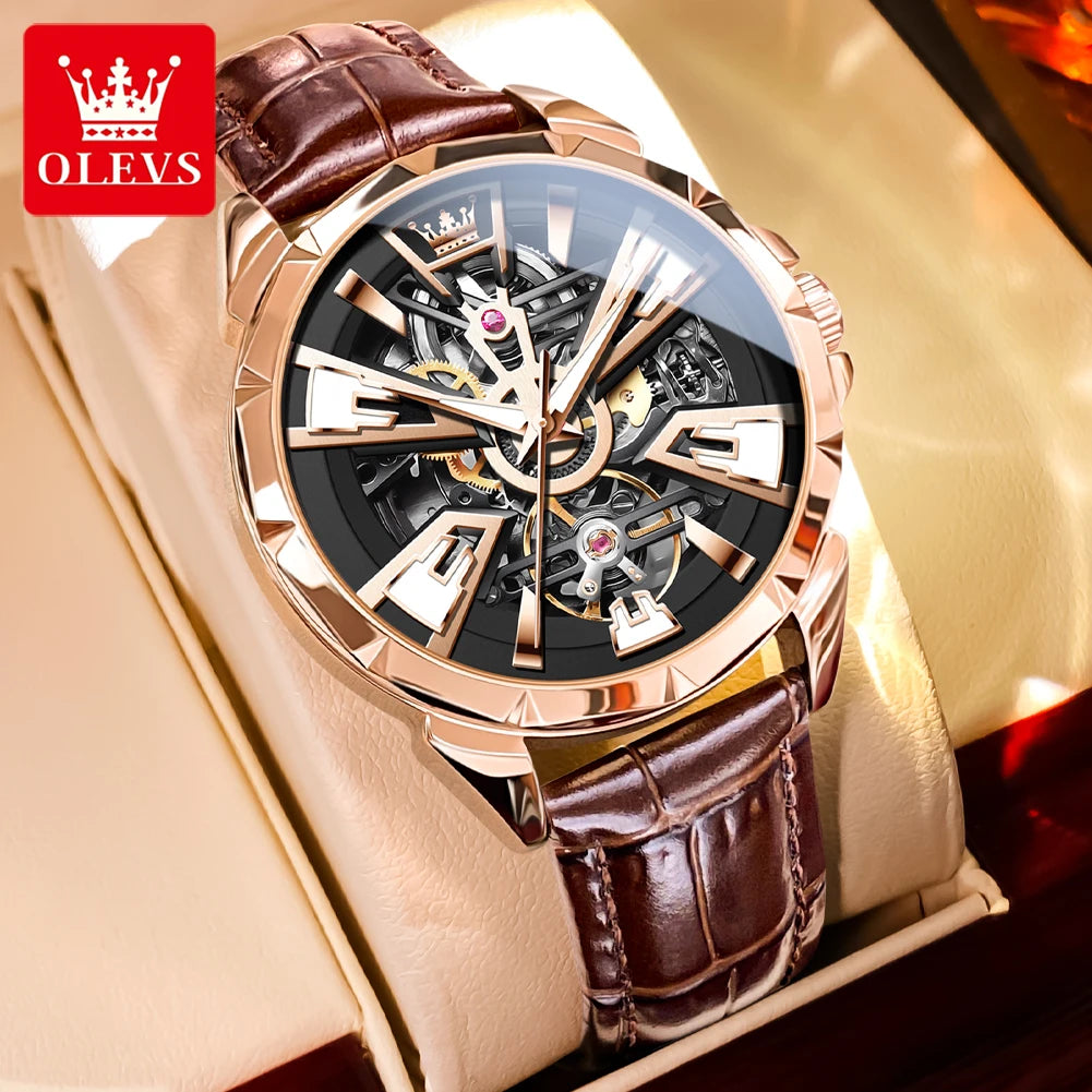 OLEVS 7051 Hohl Automatische Mechanische Uhren für Männer Mode Lederband wasserdicht Leucht Original Marke Luxus Mann Uhr