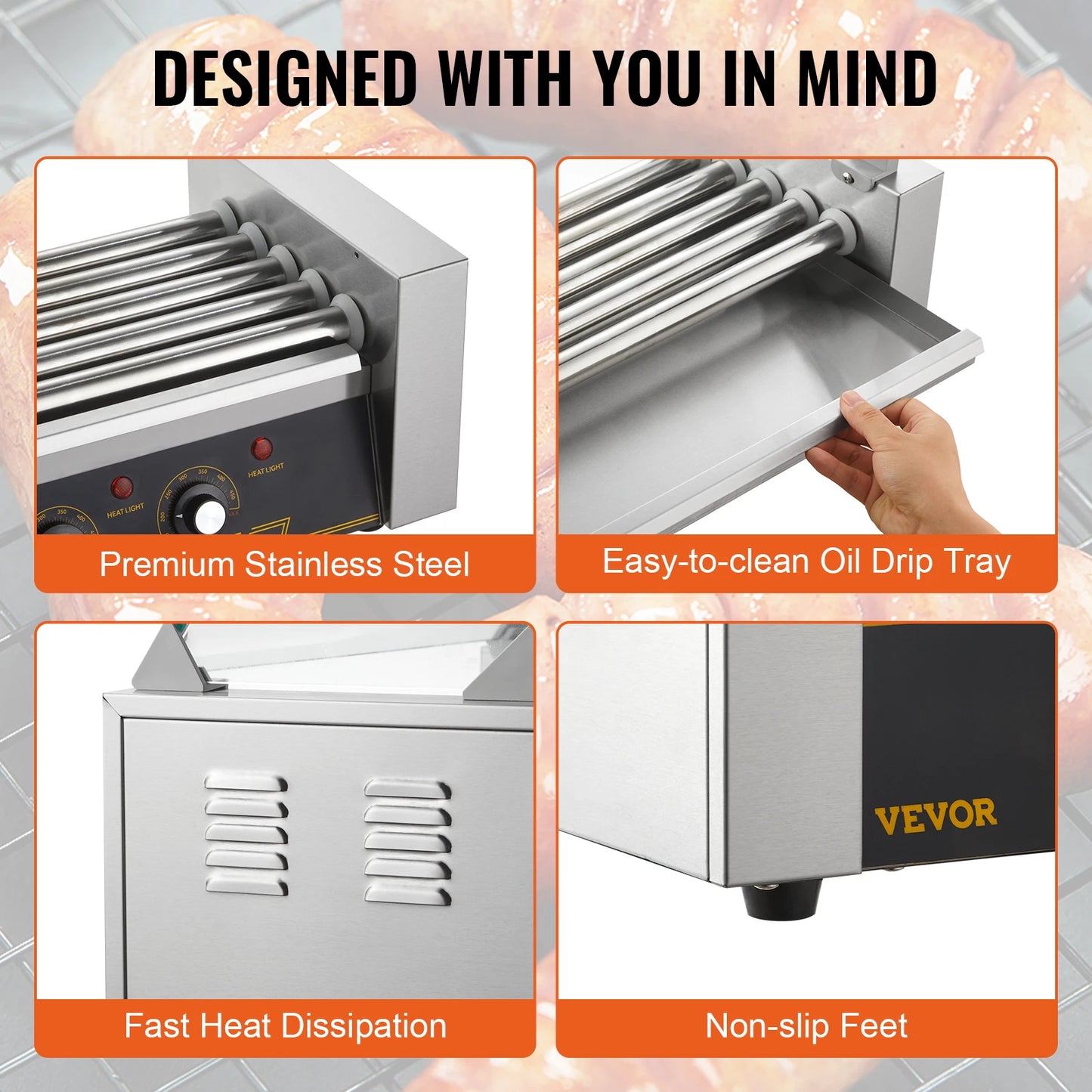 Vevor Hot Dog Roller 5 Rollen 12 Hot Dogs Kapazität 750w Edelstahl Wurst Grill Herd Maschine mit Dual Temp Control Glas haube