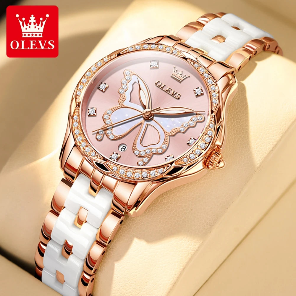 OLEVS 5610 Damenuhren, elegante Mode, Strass-Lünette, Keramikarmband, Armbanduhr, wasserdicht, leuchtend, Automatikuhr