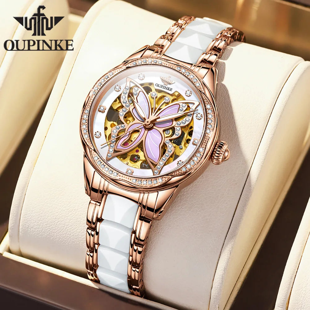 Oupinke 3239 original Damen uhren aushöhlen Schmetterling Diamant Lünette Automatik uhr für Frauen elegante mechanische Armbanduhr