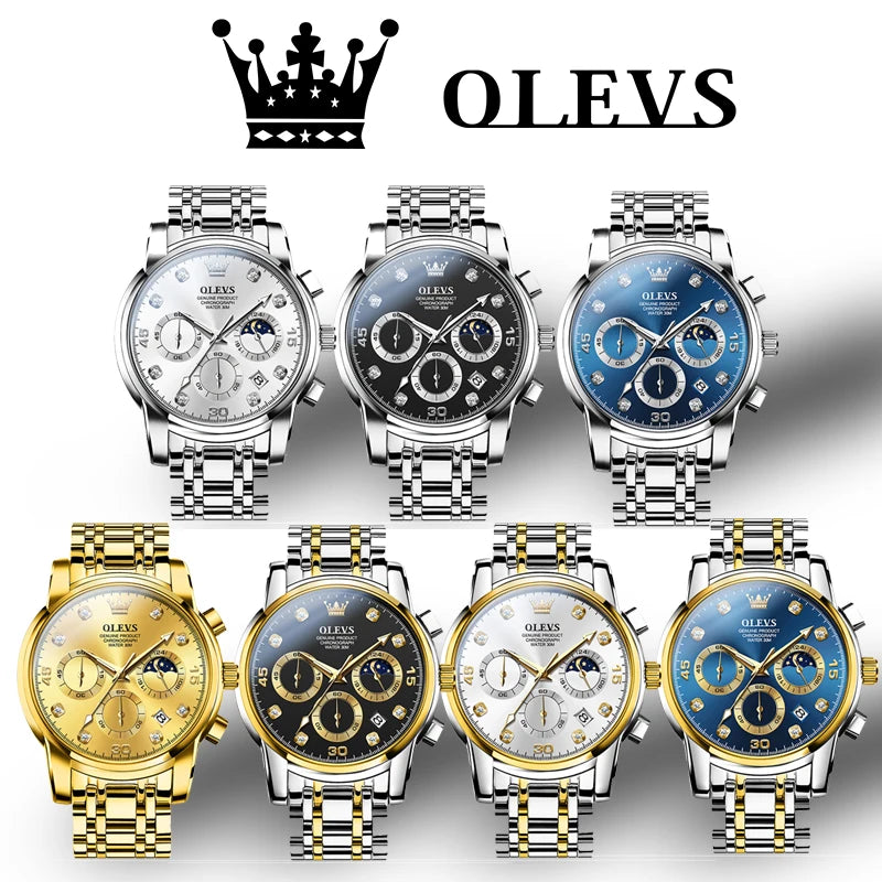 OLEVS herren Uhren Multifunktions Original Quarzuhr für Mann Wasserdichte Edelstahl Leucht Chronograph Mondphase Datum