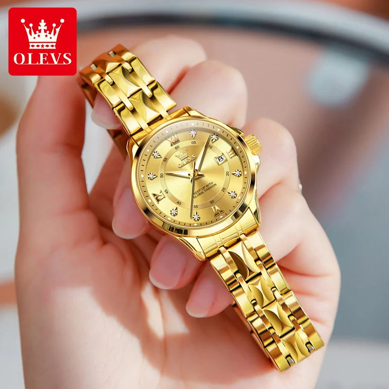 Olevs Damen uhren Luxus Mode Gold kleine Armbanduhr für Damen Original wasserdichte Raute Edelstahl Armband Datum