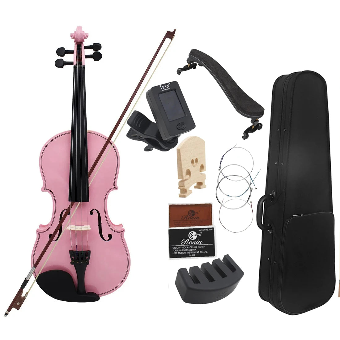 4/4 Violine Massivholz Schwarz Akustische Violine mit Koffer & Bogen & Kolophonium & Saiten & Stimmgerät & Schulterstütze Zubehör für Anfänger