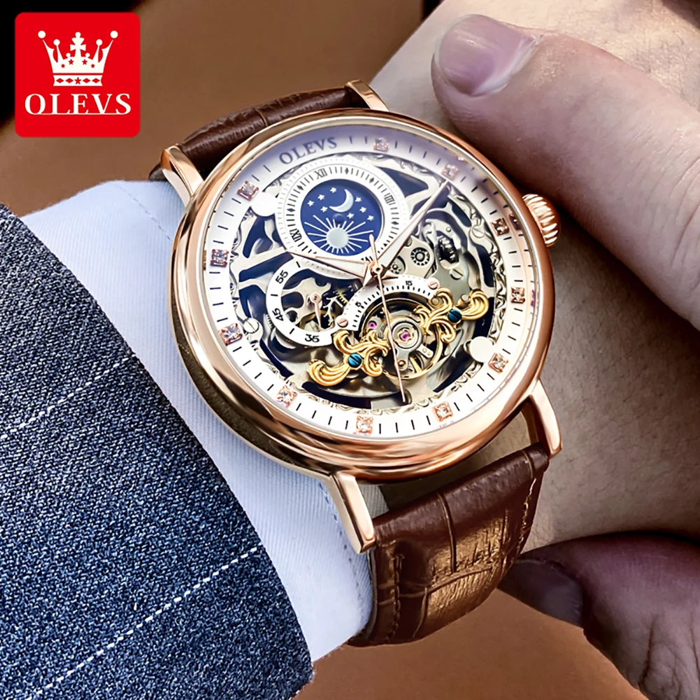 OLEVS Skelett Uhren Mechanische Automatische Uhr Männer Tourbillon Sport Uhr Casual Business Mond Armbanduhr Uhren Hombre