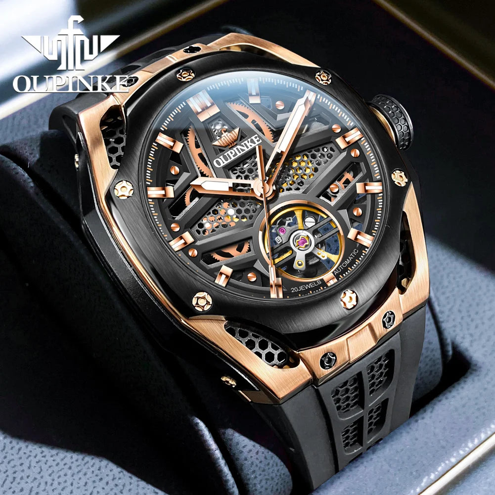 OUPINKE 9003 Voll Hohl Männer Automatische Mechanische Uhr Sport Silikon Armband Original Luxus Marke Skeleton Schwungrad Männer Uhr