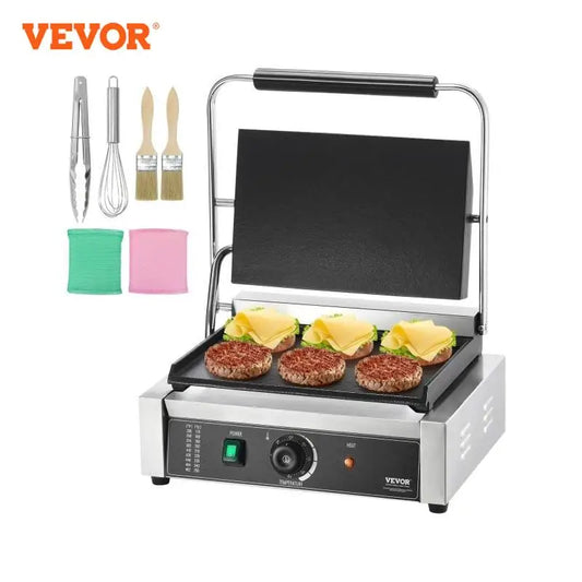 VEVOR kommerzieller Panini-Grill, 2200 W elektrischer Sandwich-Panini-Maker, Sandwich-Pressgrill aus Edelstahl, Panini-Grill mit Temperaturregelung und 36 x 23 cm großer, flacher Emaille-Platte