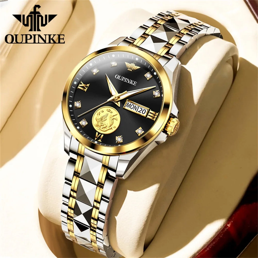 Oupinke 3259 echte Gold automatische mechanische Uhr für Frauen Damen Handuhr Original Luxus Wolfram Stahl armband Uhr Frauen