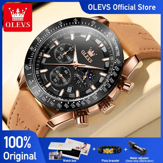 OLEVS herren Uhren Beliebte Mode Original Quarzuhr für Mann Chronograph Wasserdichte Leder Armbanduhr Luminous Mond Phase