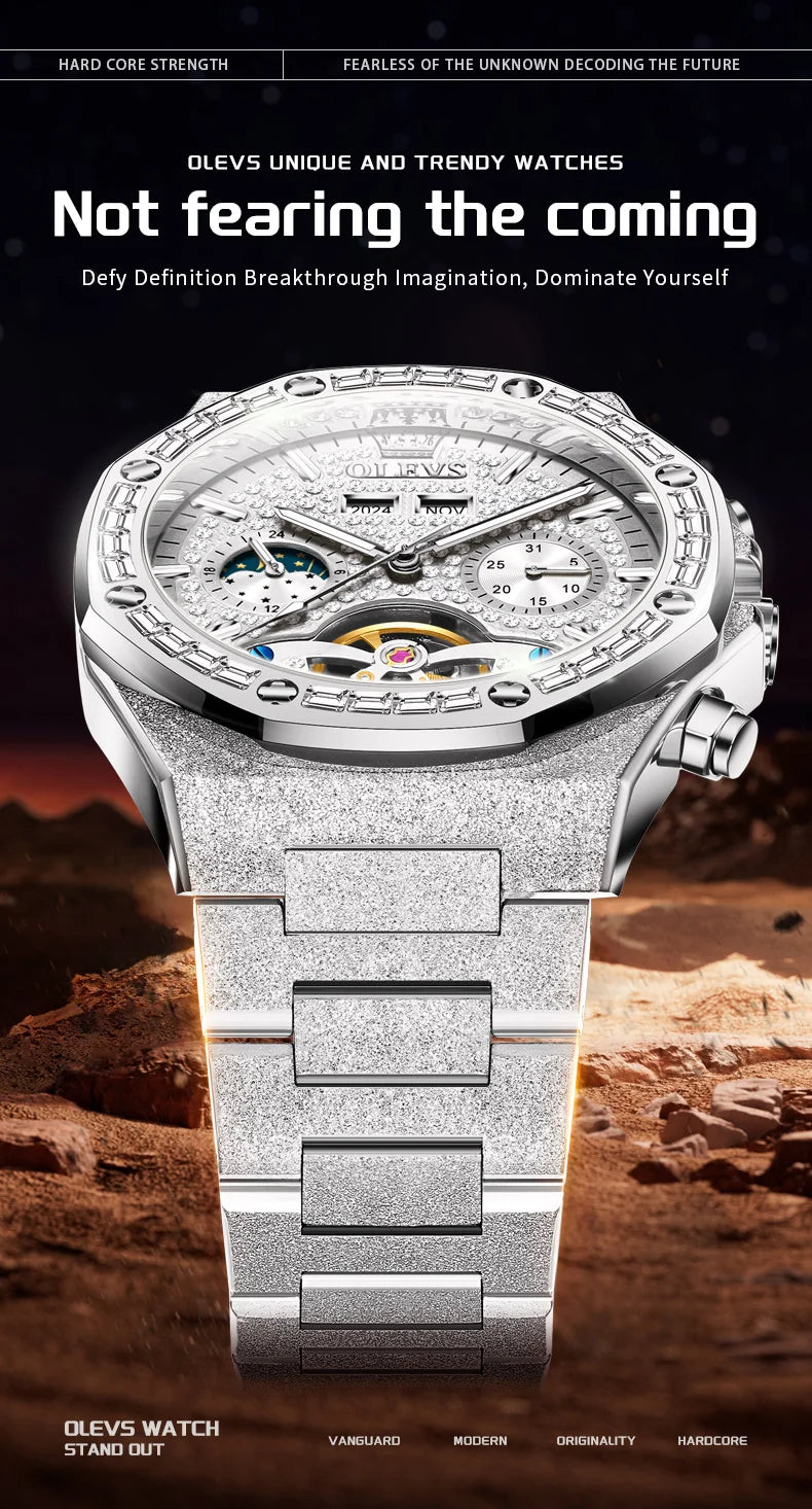 OLEVS 9805 Herrenuhr Originalmarke Tourbillon Automatische mechanische Uhr Diamant Zifferblatt Wasserdicht Mondphase Uhren für Männer