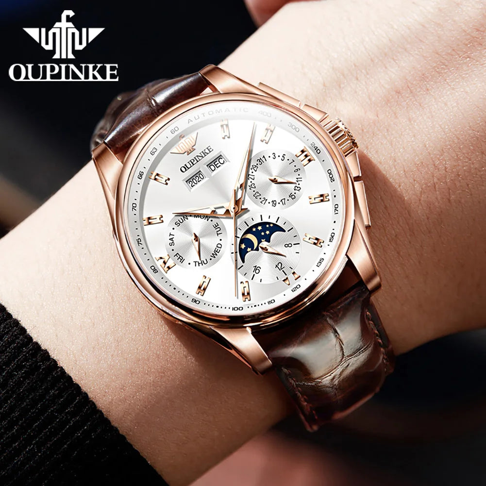 OUPINKE 3189 Herrenuhr Top Luxusmarke Automatische mechanische Uhr Mode Leder Wasserdicht Saphirspiegel Mond Herrenuhr