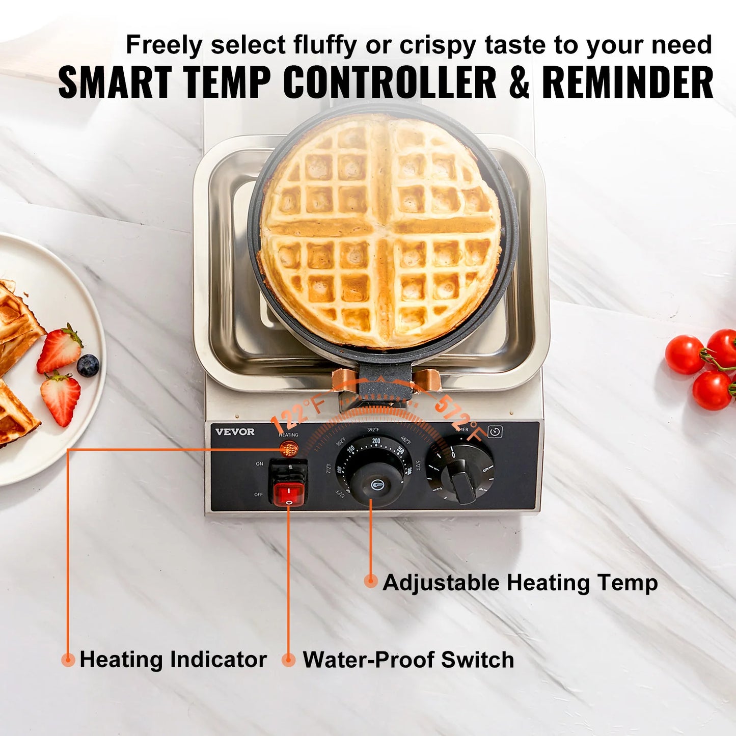 VEVOR Rundes Waffeleisen Waffel 1300 W, Kontaktgrill Belgische Waffeleisen 4 Stk. Edelstahl Waffeln Automat inkl. Lebensmittelclip & Bürsten & Verbrühungssicherer Griff, für Cafés, Restaurant usw.