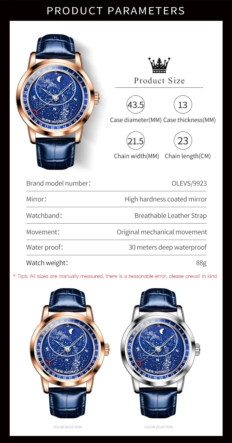 OLEVS herren Uhren Mondphase Automatische Mechanische Uhr für Mann Blau Leder Luxus Kleid Wasserdicht Leucht Armbanduhr