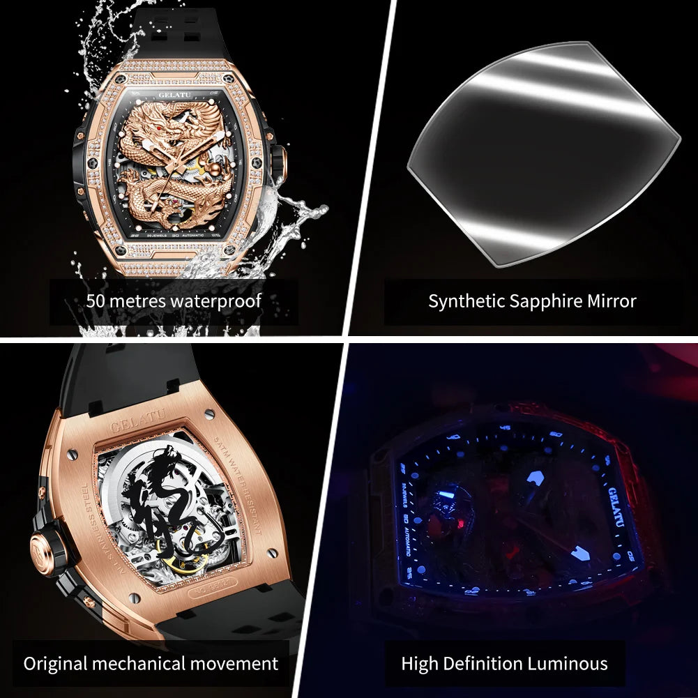 GELATU 6021 Hohle Herrenuhr, Silikonarmband, luxuriös, wasserdicht, High-End-Volldiamant-Drachen-Zifferblatt, automatische mechanische Markenuhr