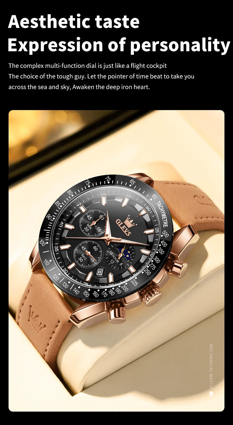 OLEVS herren Uhren Beliebte Mode Original Quarzuhr für Mann Chronograph Wasserdichte Leder Armbanduhr Luminous Mond Phase