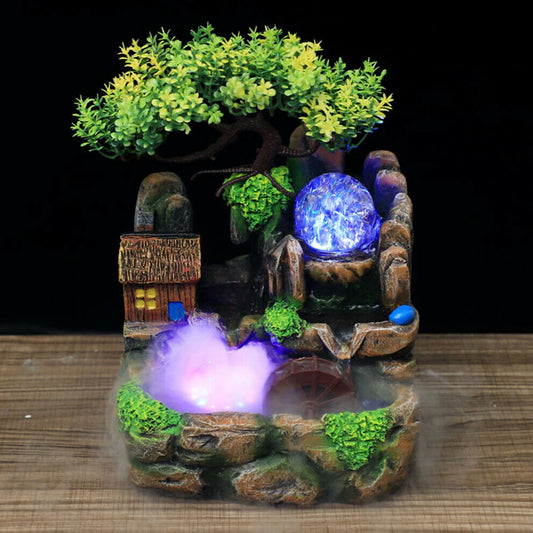 Tisch Wasserfall Rock Zimmer mit Zerstäuber und LED-Kugel Gartenbrunnen RGB LED-Beleuchtung Grüne Pflanze