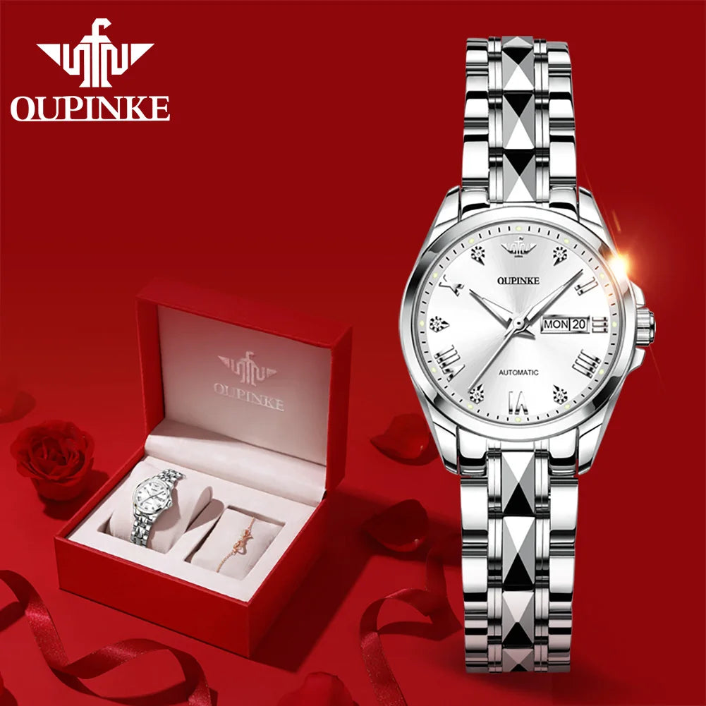 OUPINKE 3171 Luxus Marke Männer Uhr Wolfram Stahl Saphir Spiegel Automatische Mechanische Paar Uhr Armband Set frauen Uhr