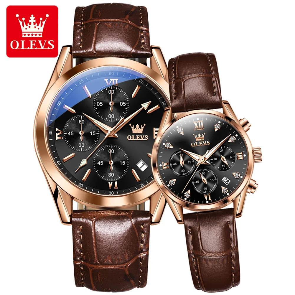 Olevs Paar Uhr für Männer Frauen wasserdichte Quarz Armbanduhr Männer Frauen Leder armband Chronograph Design Liebhaber Uhr Geschenke