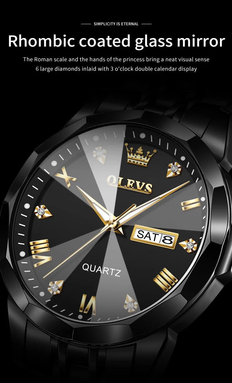 Olevs 9931 Quarzuhr für Männer Raute Spiegel Edelstahl wasserdicht Auto Datum Woche Uhr Einfachheit Luxus Herren Armbanduhr