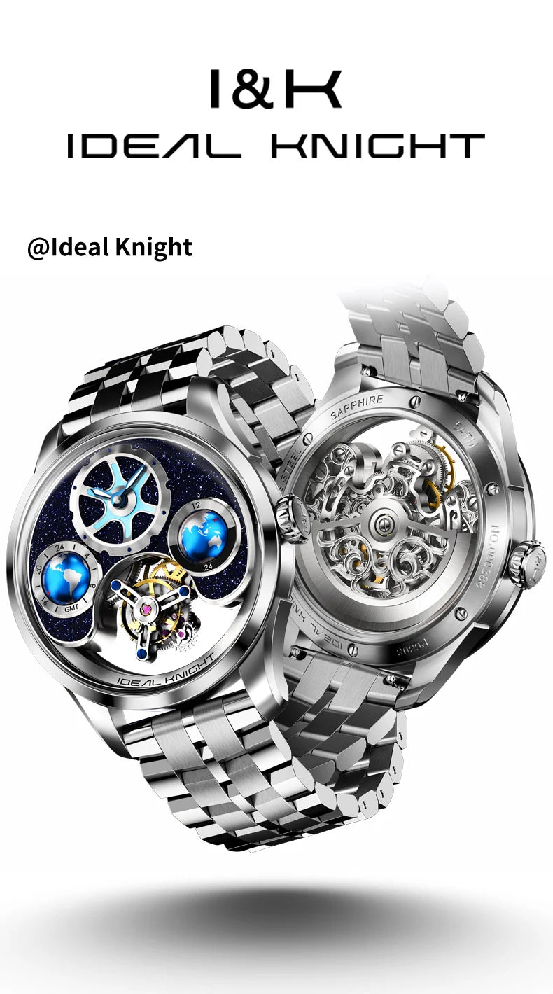 Ideal Knight 6805 Tourbillon Watch for Men 3D Rotating Blue Earth Design 12 Hours Tray Skeleton Waterproof Men's Wristwatches