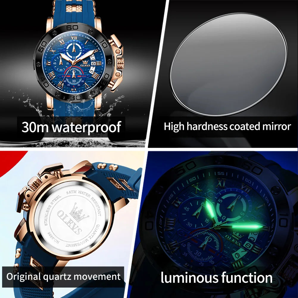 OLEVS 9986 Herrenuhr, neue Original-modische Quarzuhr, Silikonarmband, wasserdicht, leuchtend, multifunktionaler Chronograph