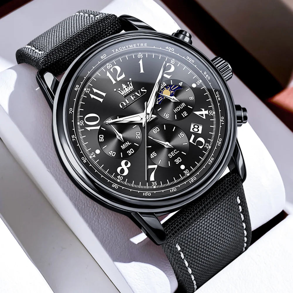 OLEVS Herrenuhren im jungen Sportstil, Original-Quarz-Armbanduhr für Herren, wasserdicht, leuchtend, Chronograph, Datum, Mondphase