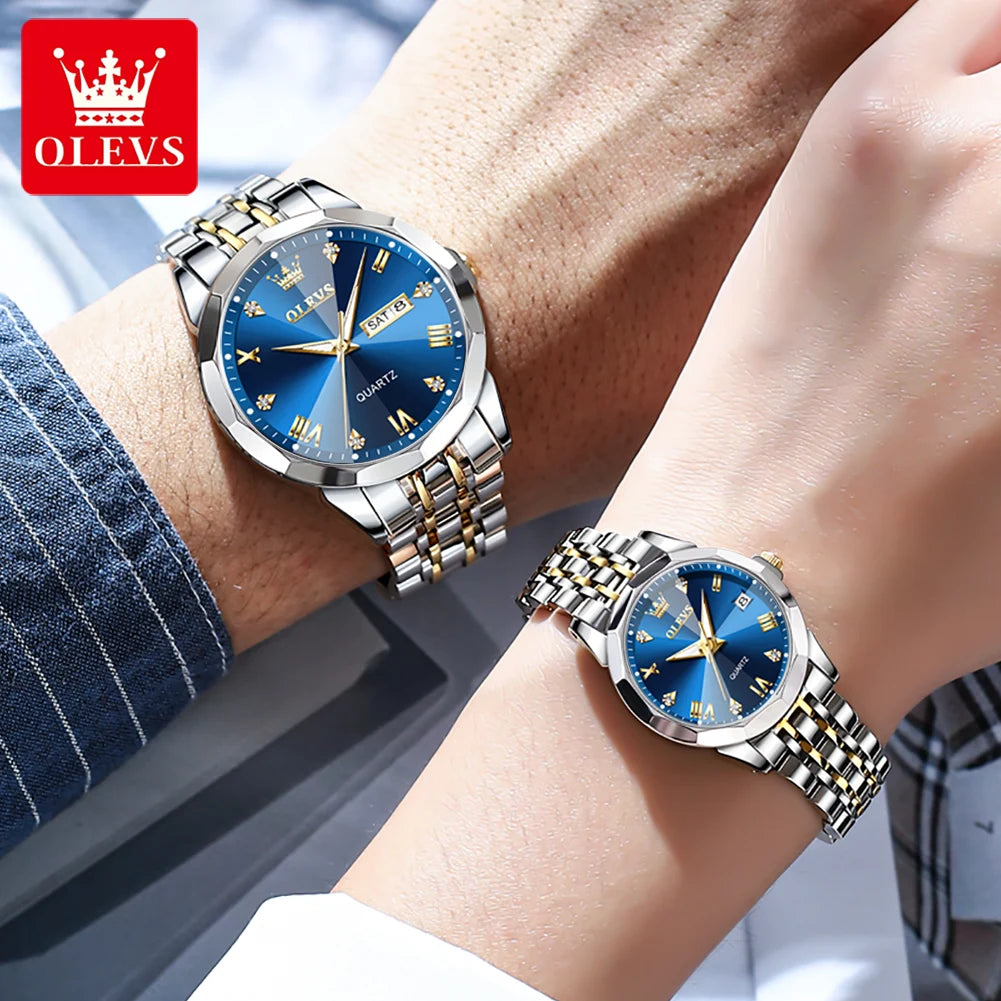 Olevs Paar Uhren Raute Spiegel Luxus Original Quarz Männer und Frauen Armbanduhr wasserdicht leuchtende Datum Woche sein und sie