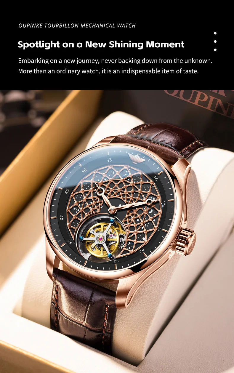 OUPINKE 8002 Tourbillon Movement Men Watch Leather Band Swiss Sapphire Mirror Waterproof Skeleton Automatic Mechanical Men Watch