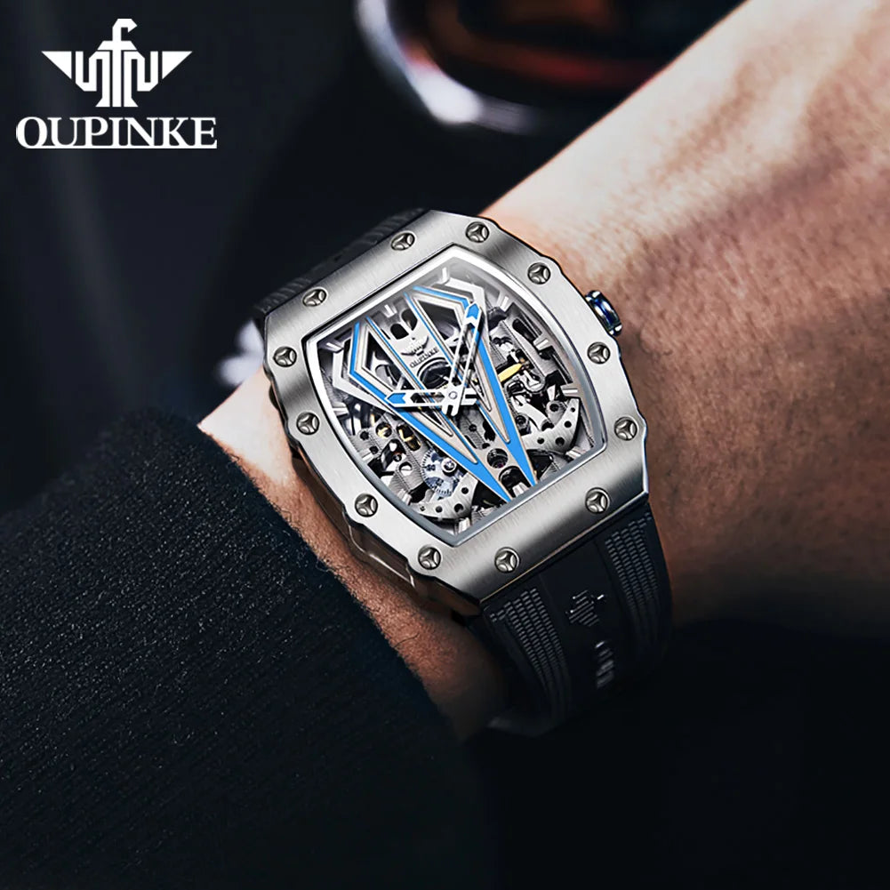 OUPINKE 3179 Men's Watch Luxury Brand Automatic Mechanical Watch Silicone Strap Sapphire Mirror Waterproof Skeleton Men's Watch