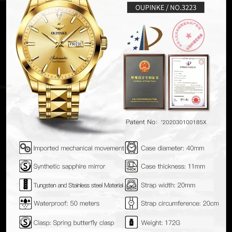 Oupinke 3223 Schweizer Marke True Diamond Gold Herren uhr Top Luxus Wolfram Stahl Edelstahl Herren automatische mechanische Uhr