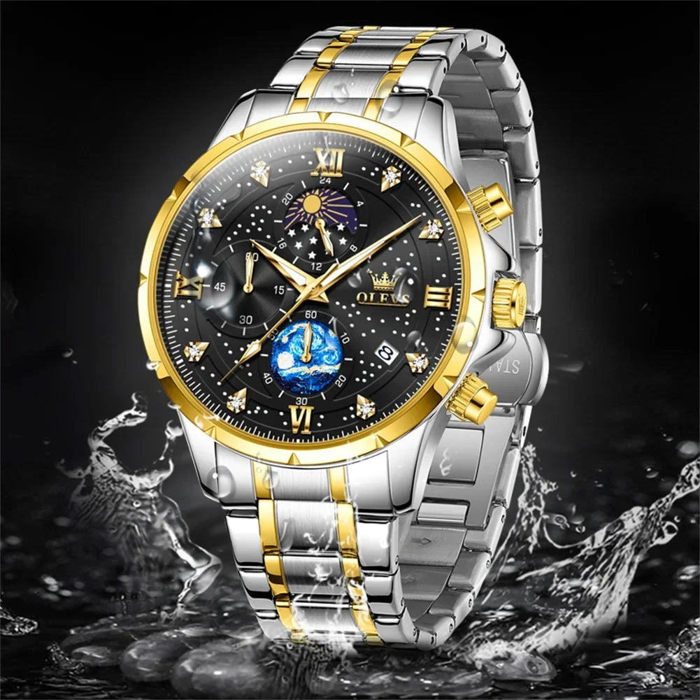 OLEVS Luxury Luminous Starry Sky Dial Men's Watches Moon Phase Waterproof Original Quartz Watch for Male Wristwatch Chronograph