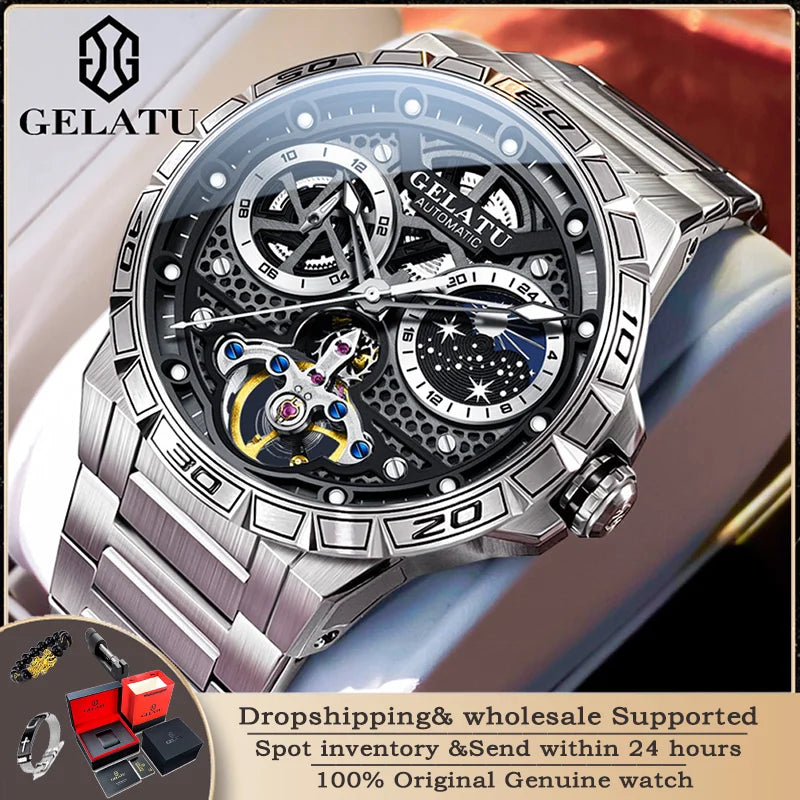 Gelatu 6020 Luxus multifunktion ale trend ige Herren uhr Skelett wasserdicht Sternen himmel Zifferblatt Marke automatische mechanische Herren uhr